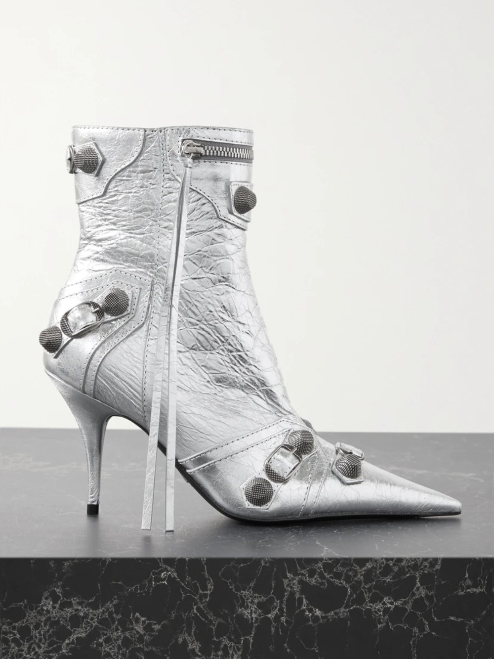 Balenciaga Metallic Silver Pointed Ankle Booties